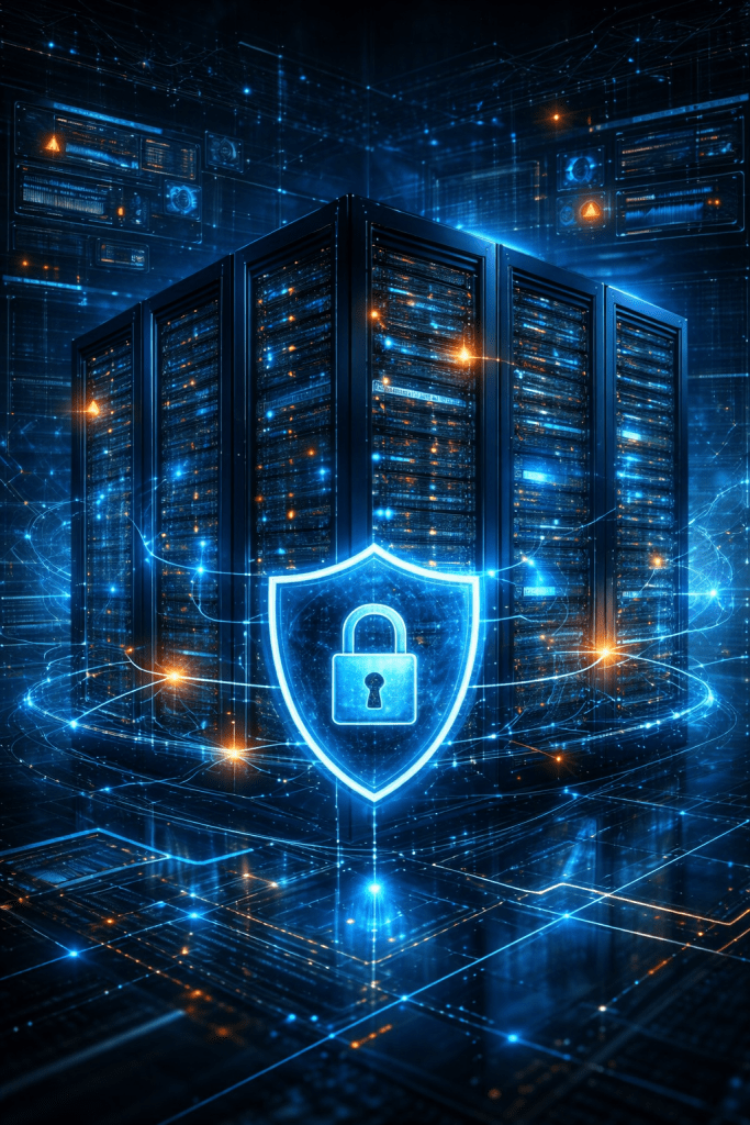Cybersecurity infrastructure monitoring showing protected servers and network systems secured by Kismet Cybersecurity.