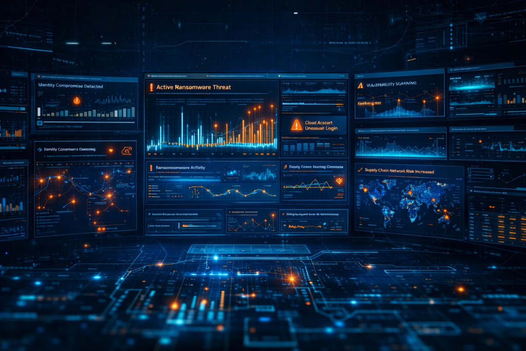 Cyber threat intelligence dashboard visualizing modern cybersecurity risks including identity attacks, ransomware, and network vulnerabilities monitored by Kismet Cybersecurity in Ogden Utah.
