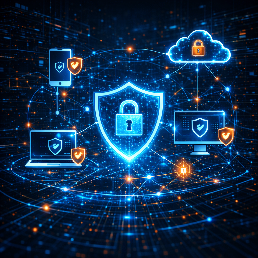 Secure digital network protecting devices and private data representing cybersecurity responsibility by Kismet Cybersecurity.