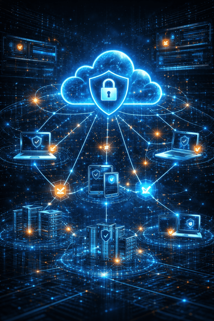 Scalable cybersecurity protection visualization showing cloud security and endpoint defense systems monitored by Kismet Cybersecurity.