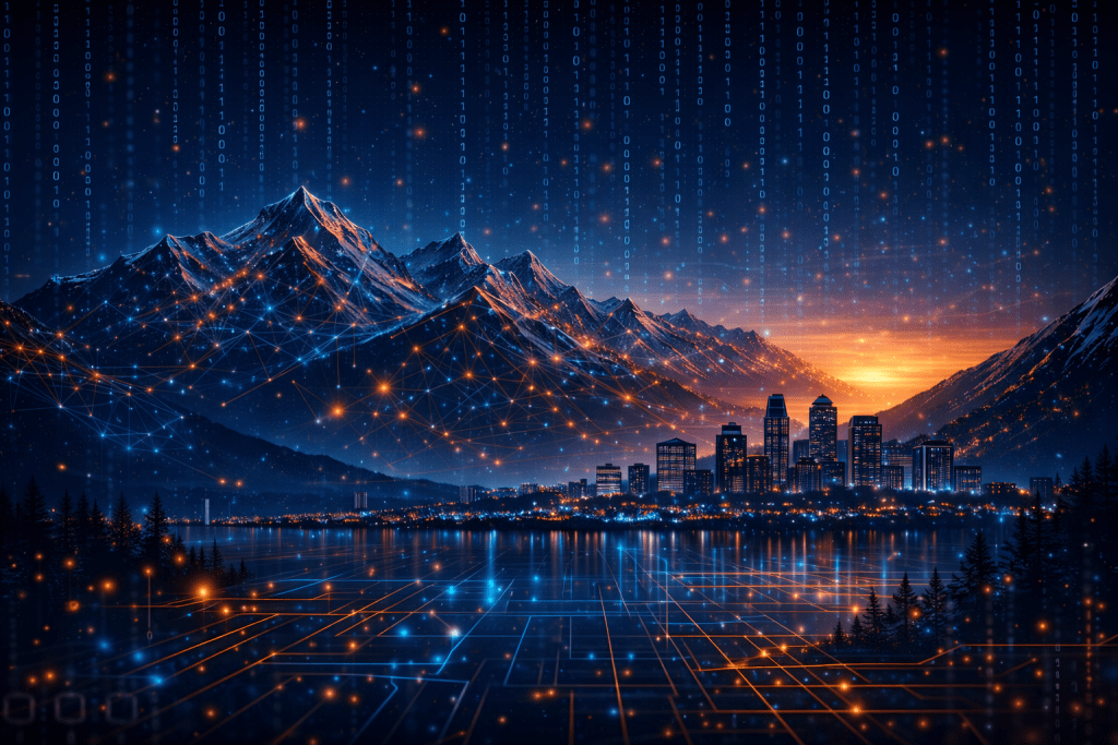 Cybersecurity protection across Utah businesses with Salt Lake City skyline and Wasatch Mountains digital security network